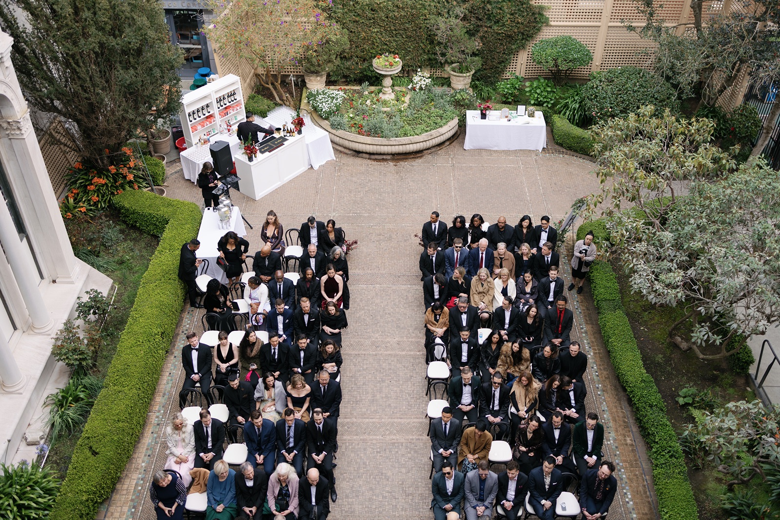 Ariel photo of Flood Mansion wedding ceremony