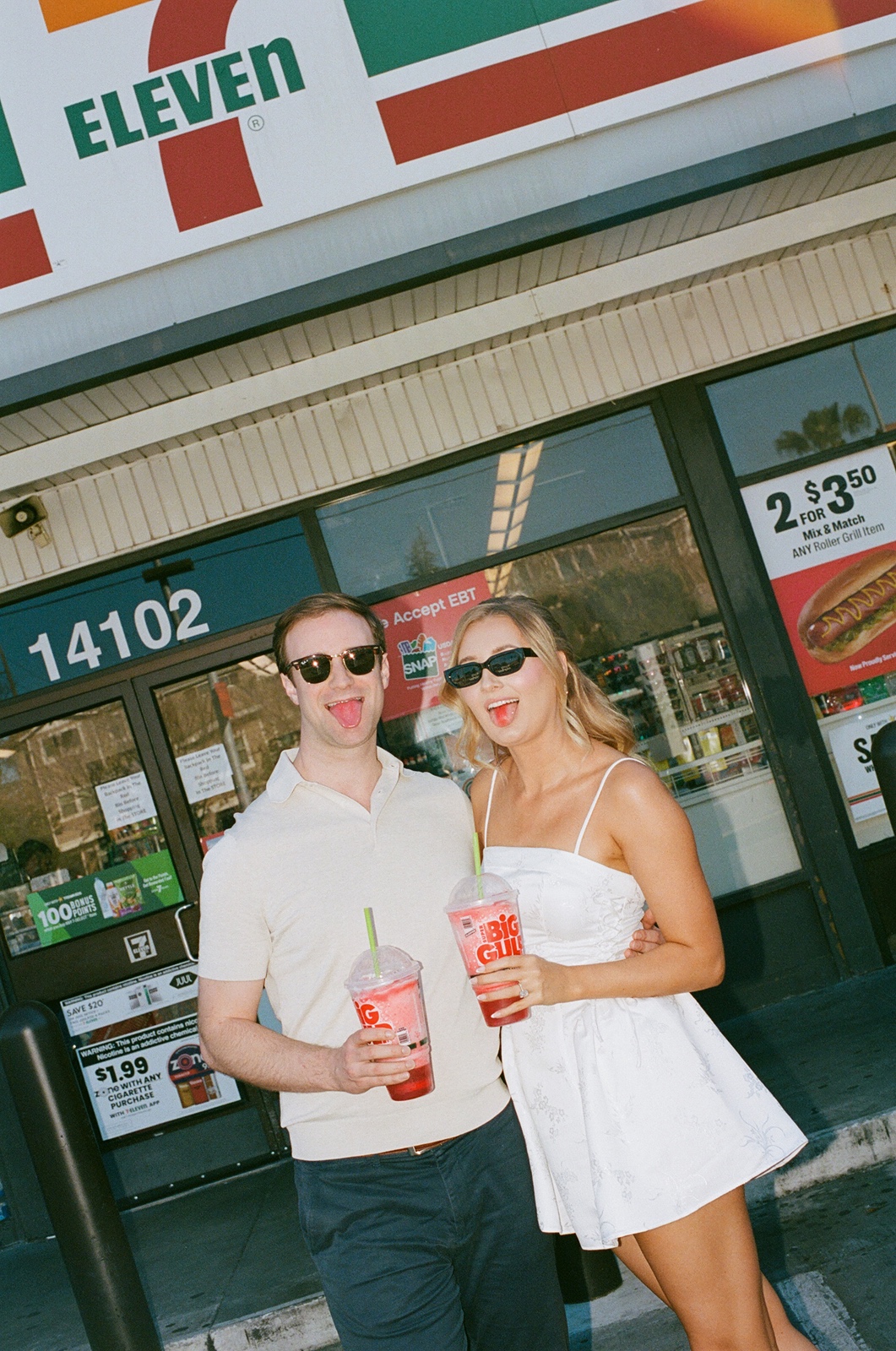 Couple at 7-Eleven gas station during Los Angeles engagement photos