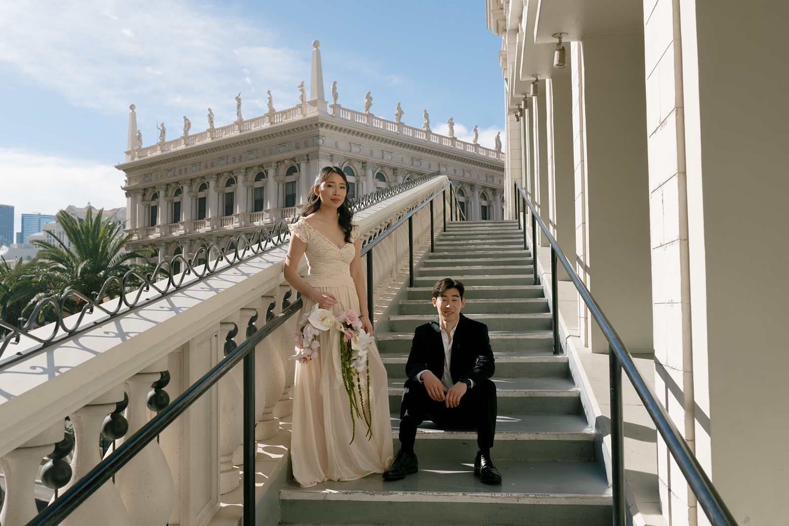 Couple poses for Las Vegas engagement photos at The Venetian