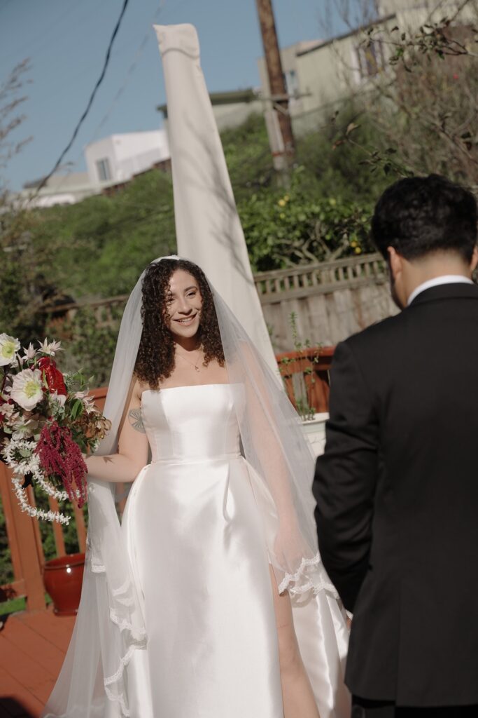 Bride and groom have first look before their University Club of San Francisco wedding