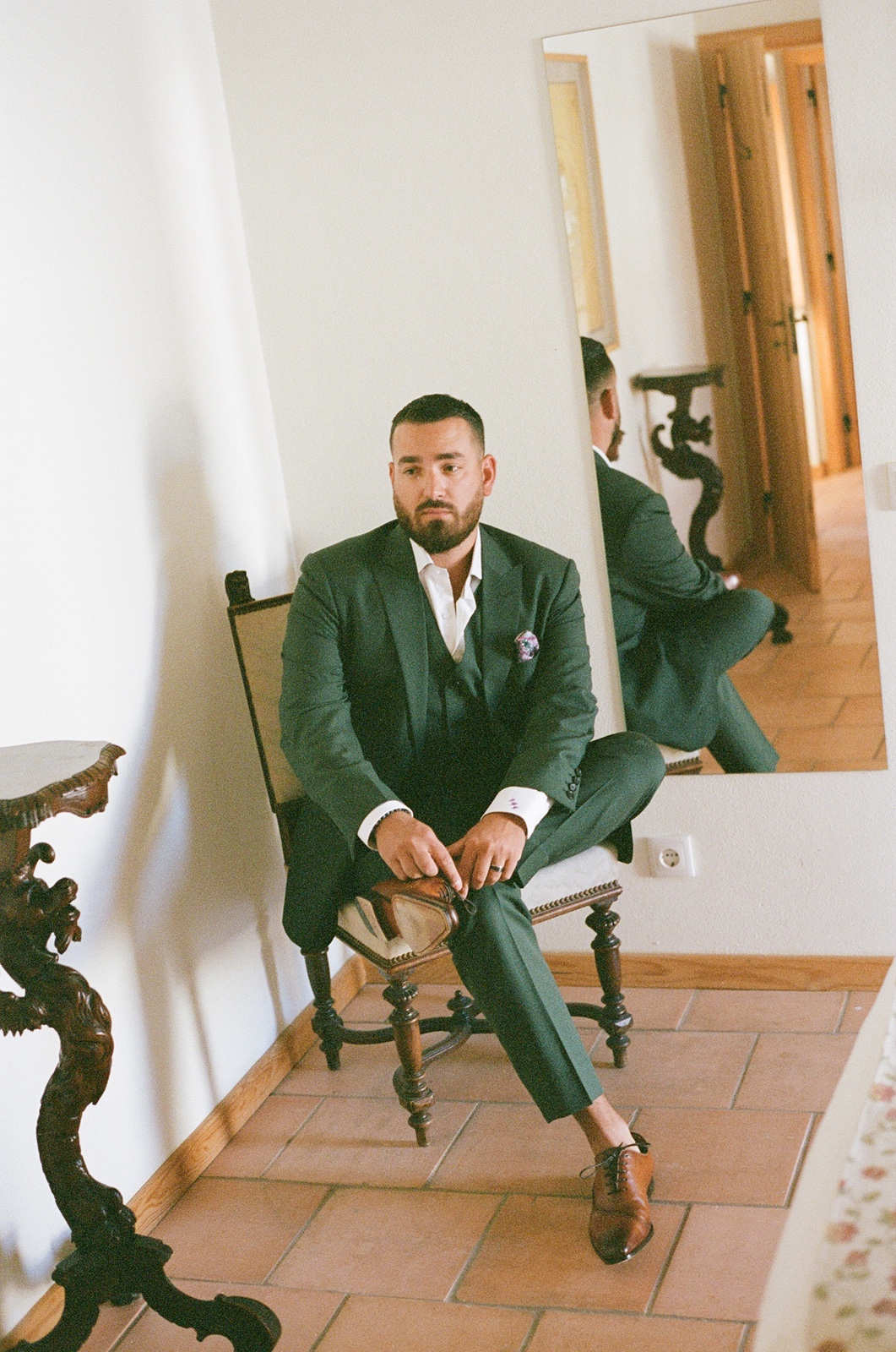 Groom at destination wedding in Portugal